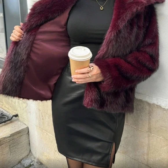 Elegant Burgundy Faux Fur Coat